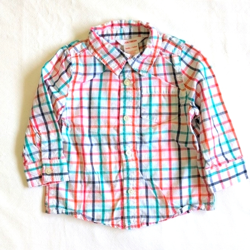 joe fresh colorful grid cotton button down long sleeve shirt 12-18 months baby